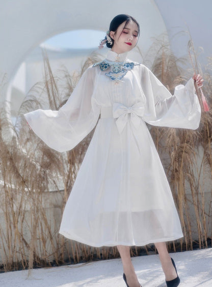 Waist Belt Sheer Stand Collar Puff Sleeve Dress