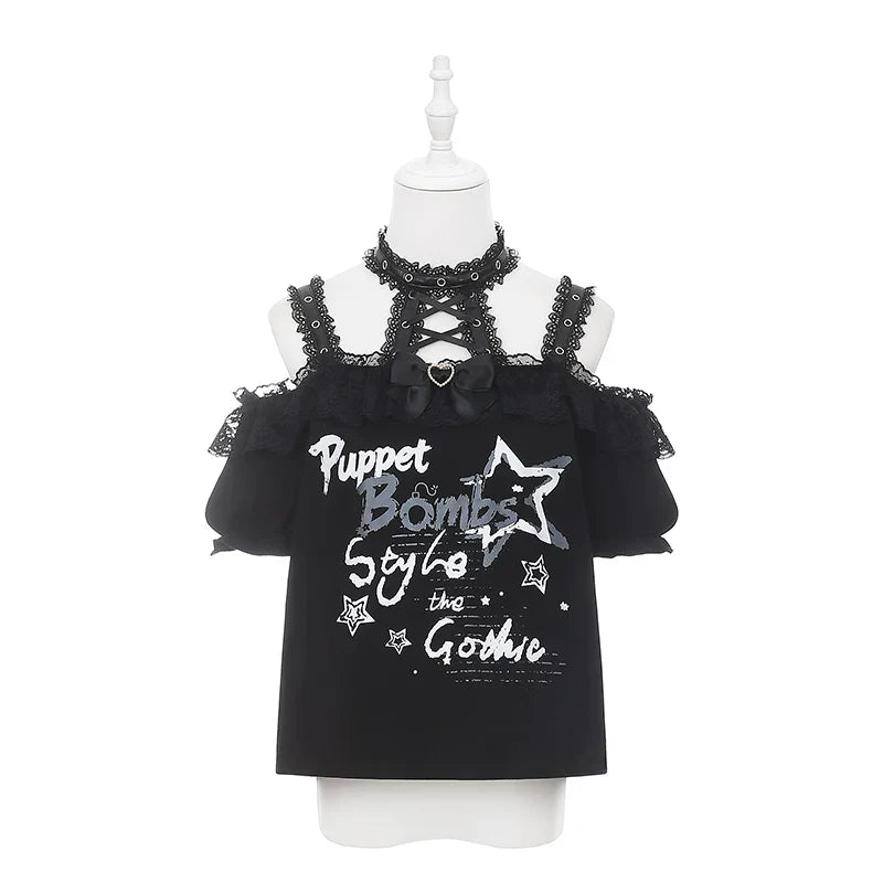 Lace-up Dark Kawaii T-shirt + Skirt + Bag + Hair Accessories
