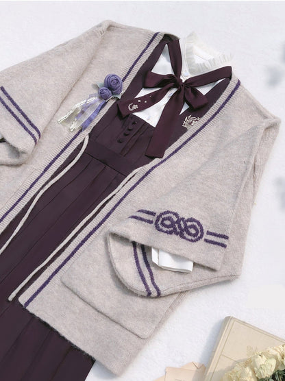 Retro Japanese-style Sleeve Knit Cardigan + Ruffle Stand Collar Shirt + Vest Dress + Ribbon + Corsage