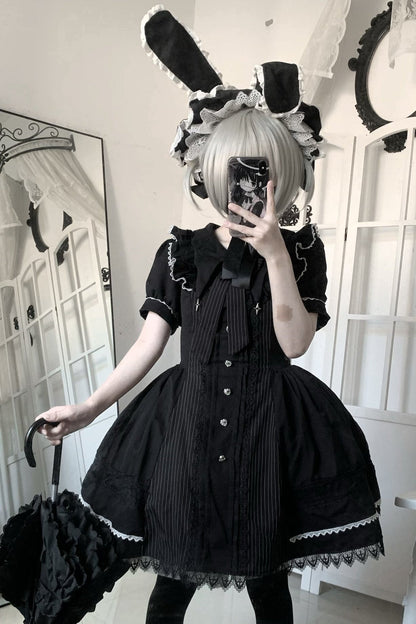 Gothic Doll Striped Lolita Dress + Sleeves