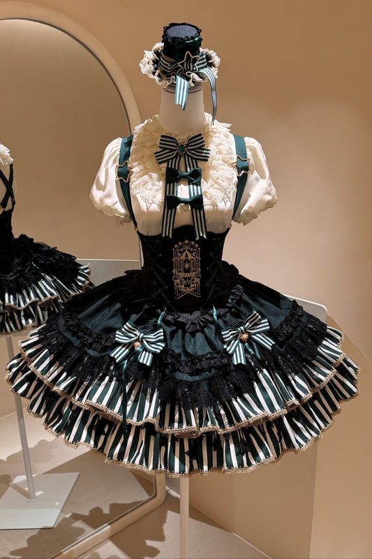 [pre-order Deadline: May 20] Magical Girl Lolita Lace Puff Sleeve Shirt + Black X Green Ribbon Corset Tiered Dress + Mini Hat