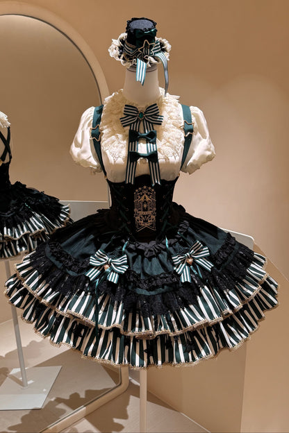 [pre-order Deadline: May 20] Magical Girl Lolita Lace Puff Sleeve Shirt + Black X Green Ribbon Corset Tiered Dress + Mini Hat