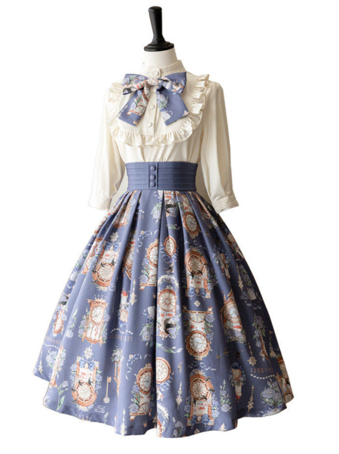 Eternal Echo Retro Classical Daily Lolita Print Shirt Skirt Set