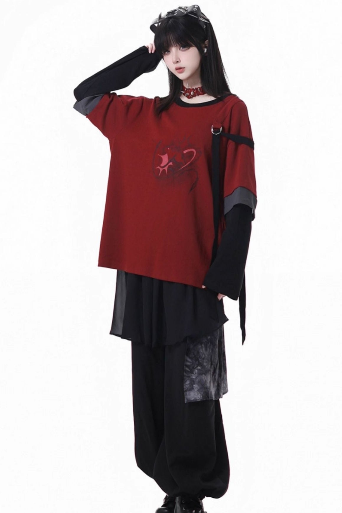 Paneled Mode Red Top + Mode Pants + Rose Belt
