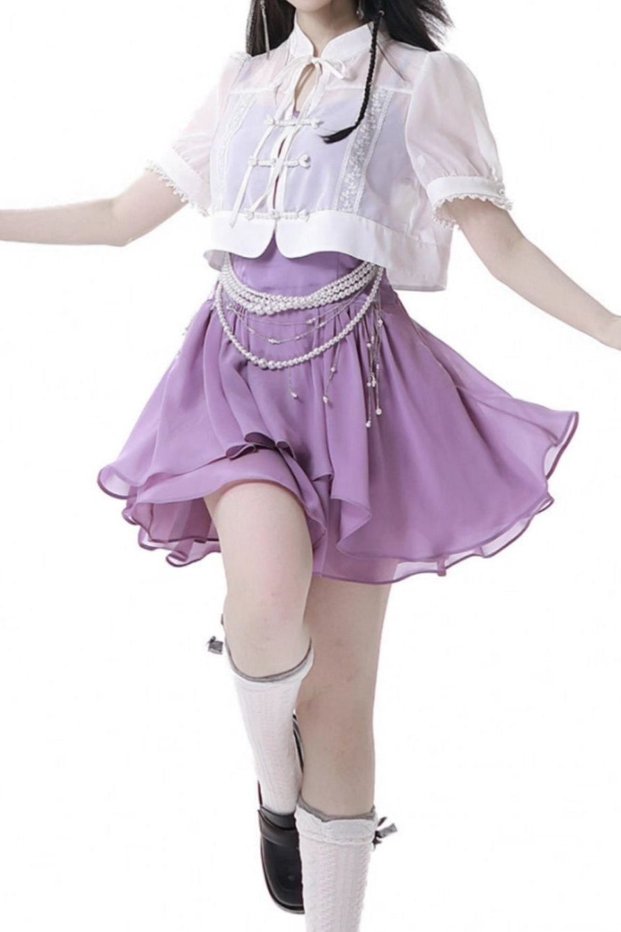 Light Smock Suspender Dress + Short Dress + China Design Sleeveless Top + Short Shirt + Pearl Accessories