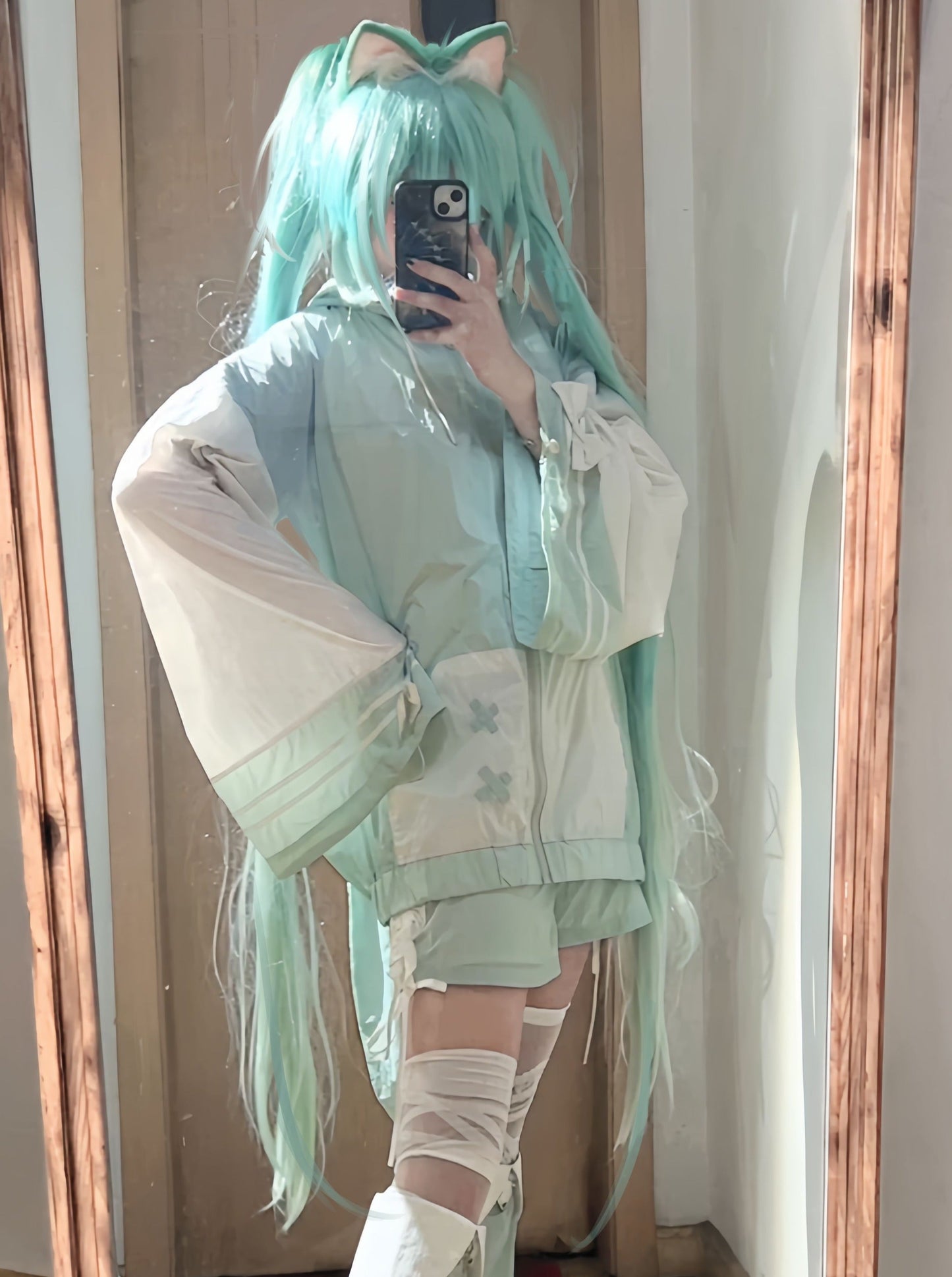 [angel Style] Aqua Angel Subculture Hooded Hoodie + Ribbon Shorts + Leg Warmers