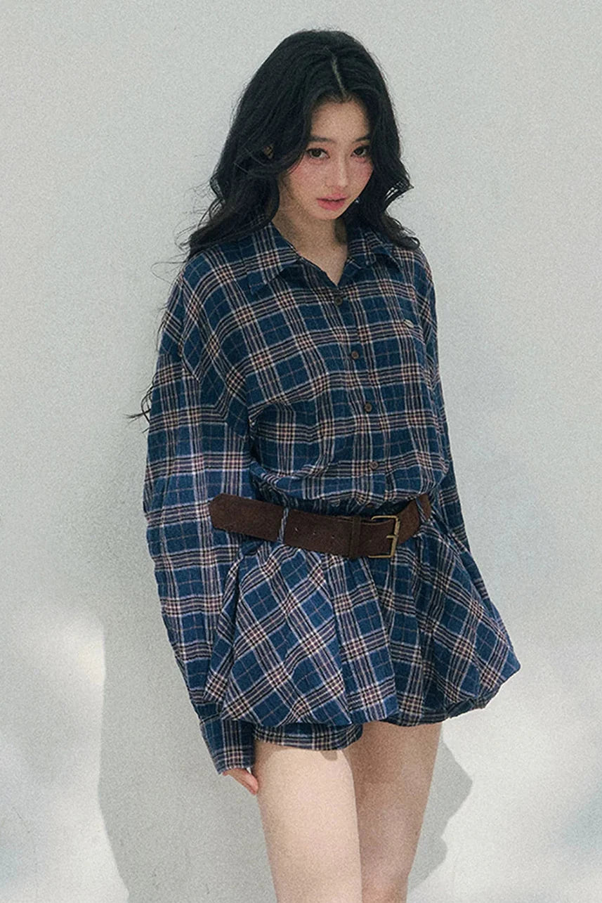 American Polo Collar Check Dress + Pants + Belt