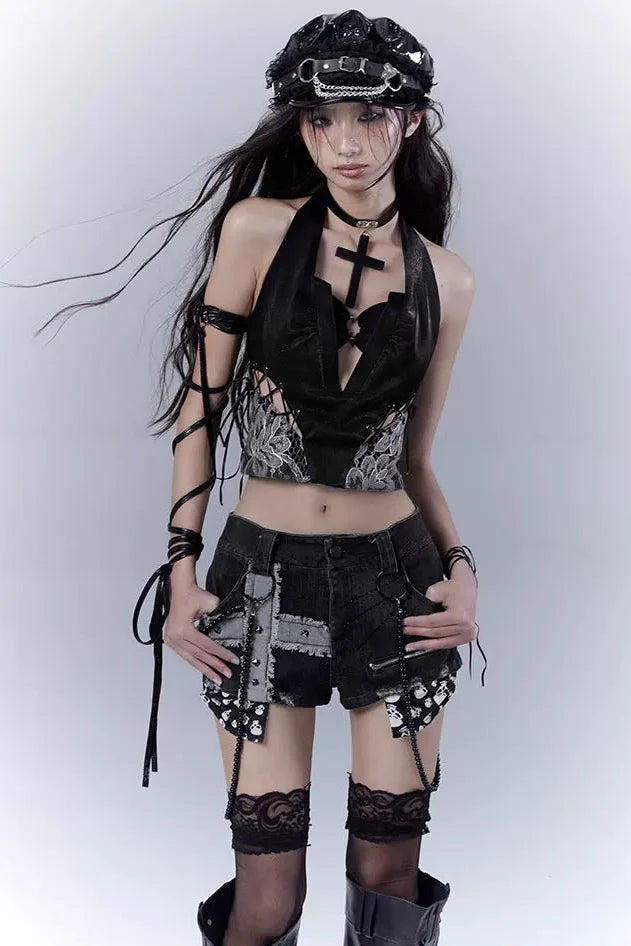 Dark Lace Patchwork Leather Camisole