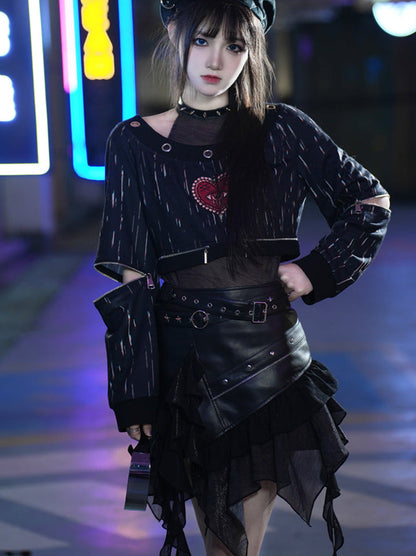 Punk Dark Heart Short Sweatshirt + Inner Top + Skirt + Hat + Necklace