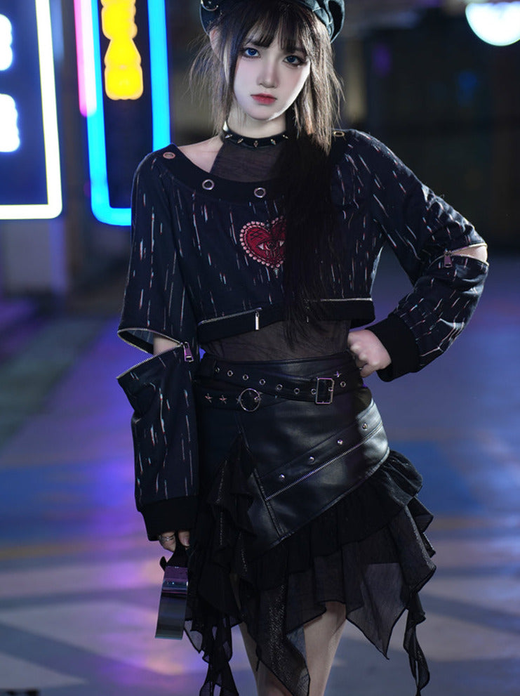 Punk Dark Heart Short Sweatshirt + Inner Top + Skirt + Hat + Necklace