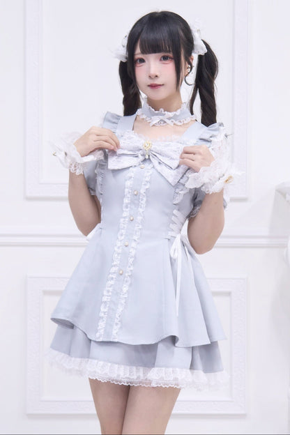 Jirai Stripe Lace Puff Sleeve Top + Short Skirt