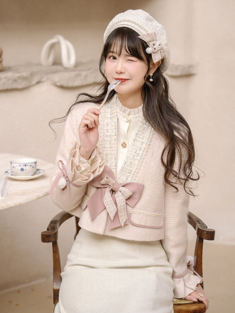 Ruffle Blouse + Tight Skirt + Tweed Ribbon Jacket