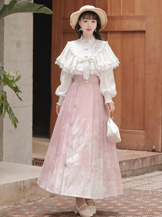 Sweet Chinese-style Blouse + Sweet Flower Pleated Skirt + Lace Ribbon Shawl