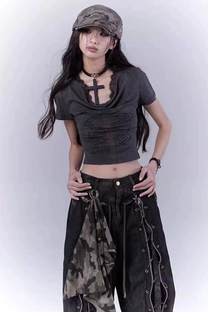 Dark Slim Lace Cross Top