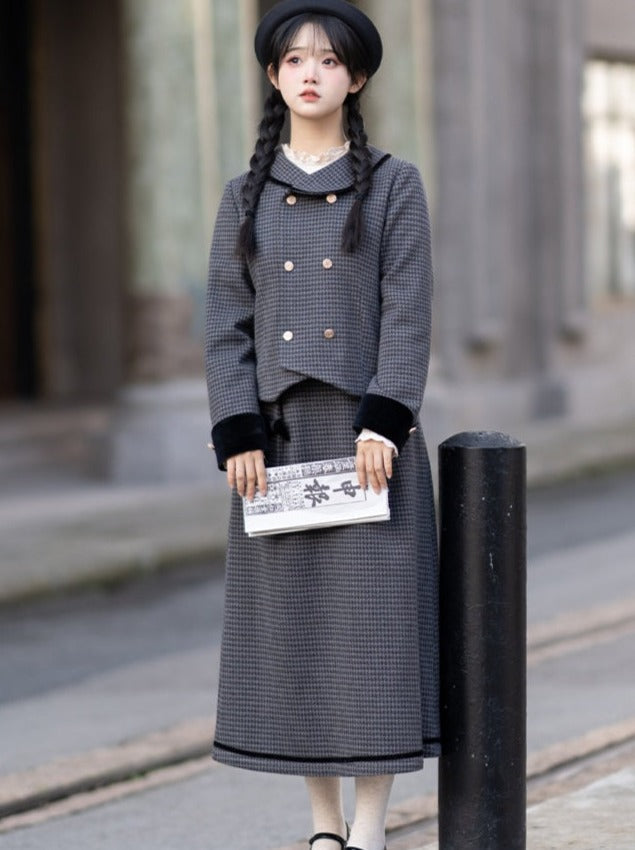 Dark Retro Plaid Top + Double Ribbon Flared Skirt