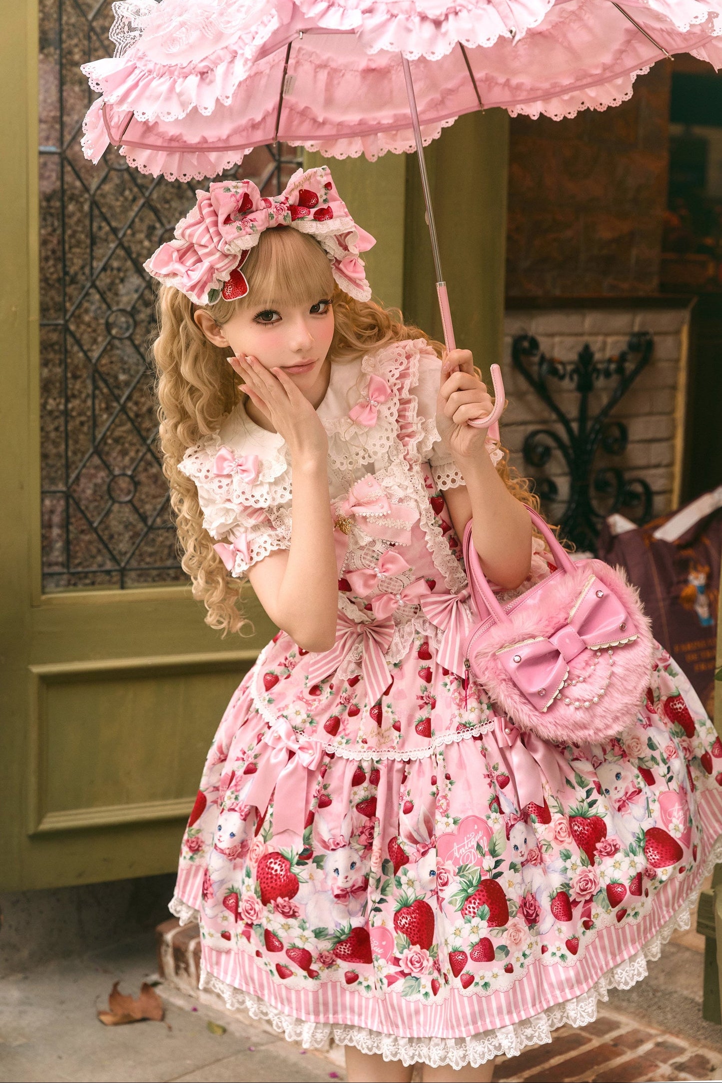 [pre-order Deadline: April 29] Strawberry Rabbit Ear Ribbon Shirt + Ruffled Shoulder Lace Ribbon Jk School Uniform Dress + Full Set/complete Set
