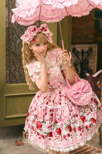 [pre-order Deadline: April 29] Strawberry Rabbit Ear Ribbon Shirt + Ruffled Shoulder Lace Ribbon Jk School Uniform Dress + Full Set/complete Set