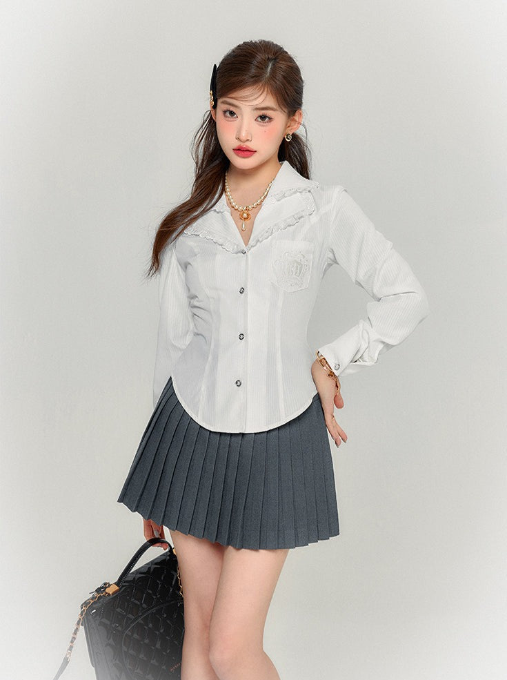 Slim Retro College Vest + Shirt + Pleated Skirt
