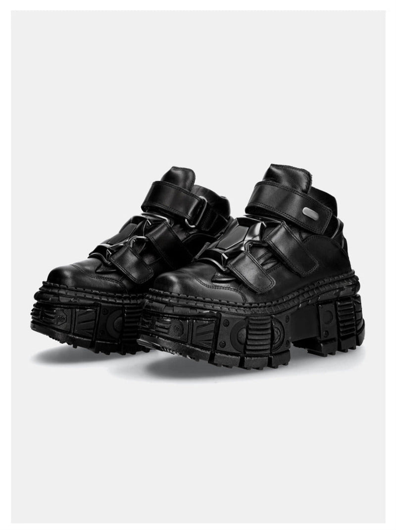 Dark Punk Style Platform Leather Metal High-top Shoes [plain/chain Nut]