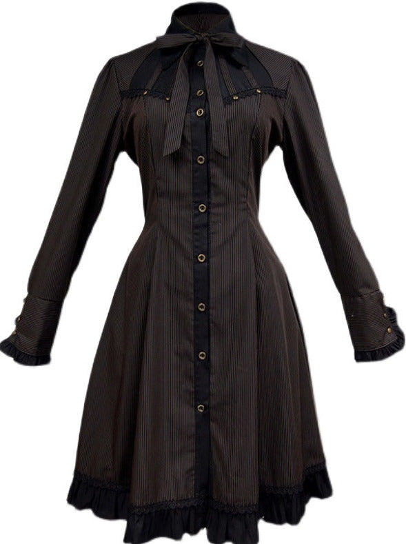 Steam Continental Ruffle Black Coffee Pinstripe Shirt Dress