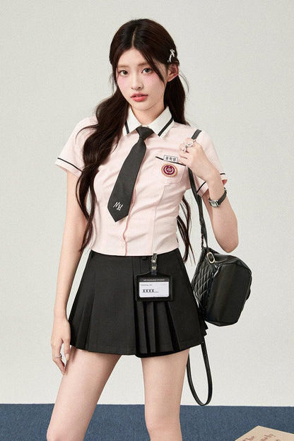 Short Sleeve Slim Waist Shirt + Hip Skirt