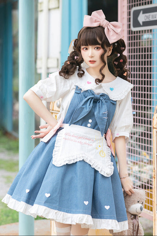 Light Raw Denim Lolita Jumper-skirt + Doll Innerwear + Apron
