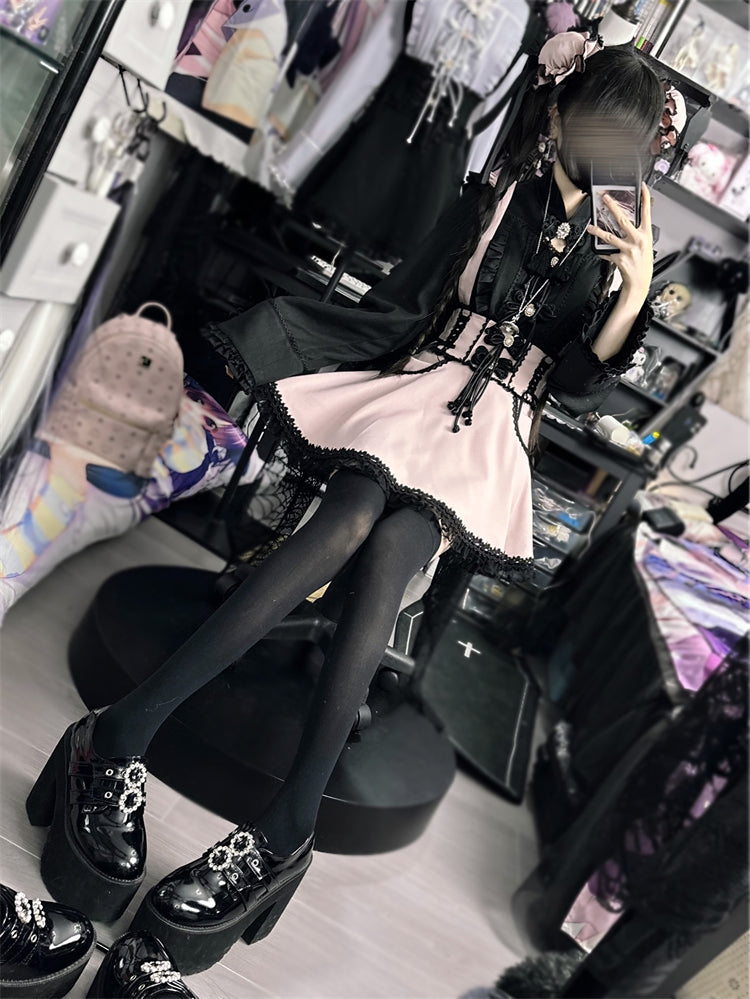 Ruffled Lace-up High Waist Suspender Skirt