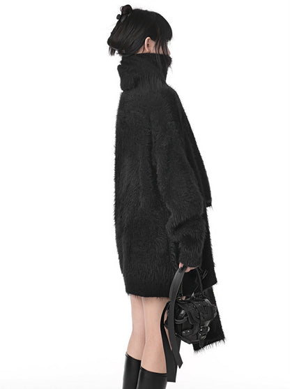 Metal Star Dark Style Loose Knit Cardigan With Scarf