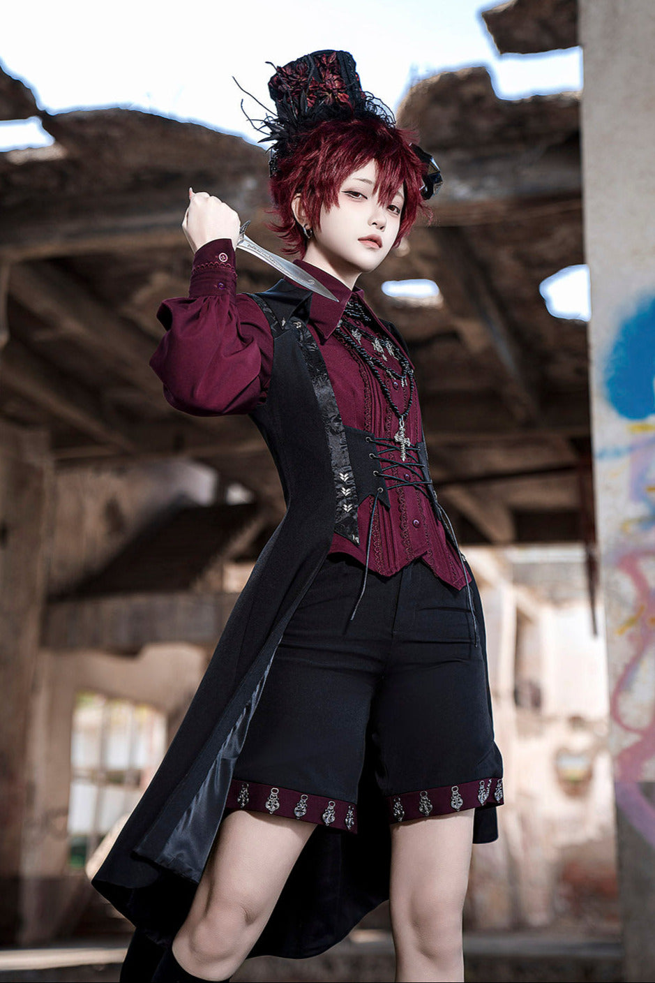 Red Black 4.0 Retro Dark Long Vest Prince Set