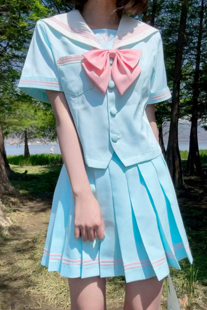 Anime Girl Light Blue Sailor Suit + Pleated Skirt