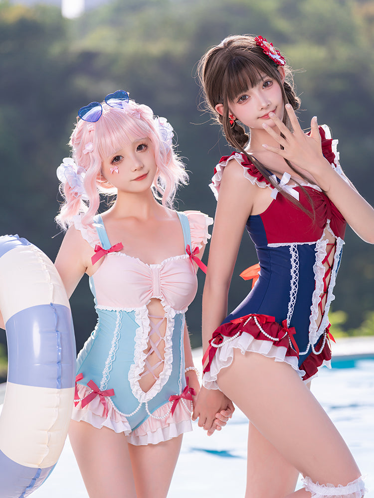 Ruffle Shoulder Pearl Ribbon Decoration Idol Style Swimsuit Dress