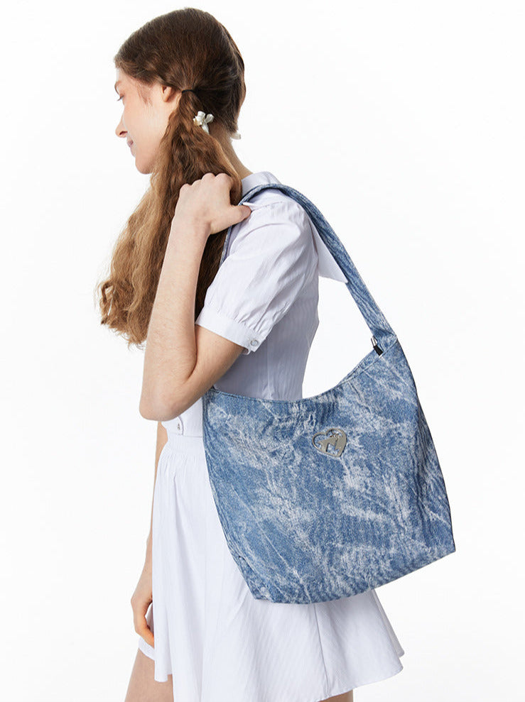 Sweet Cool Denim Print Soft Leather Shoulder Bag