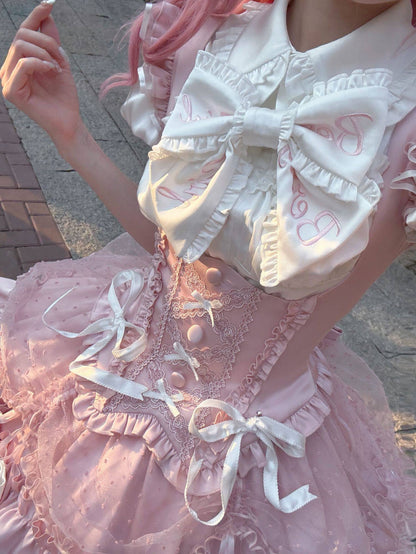 [order Deadline: May 12] Pink White Sweet Lolita Idol Ribbon Puff Sleeve Shirt + Corset Tulle Pull-up Jks Dress Set