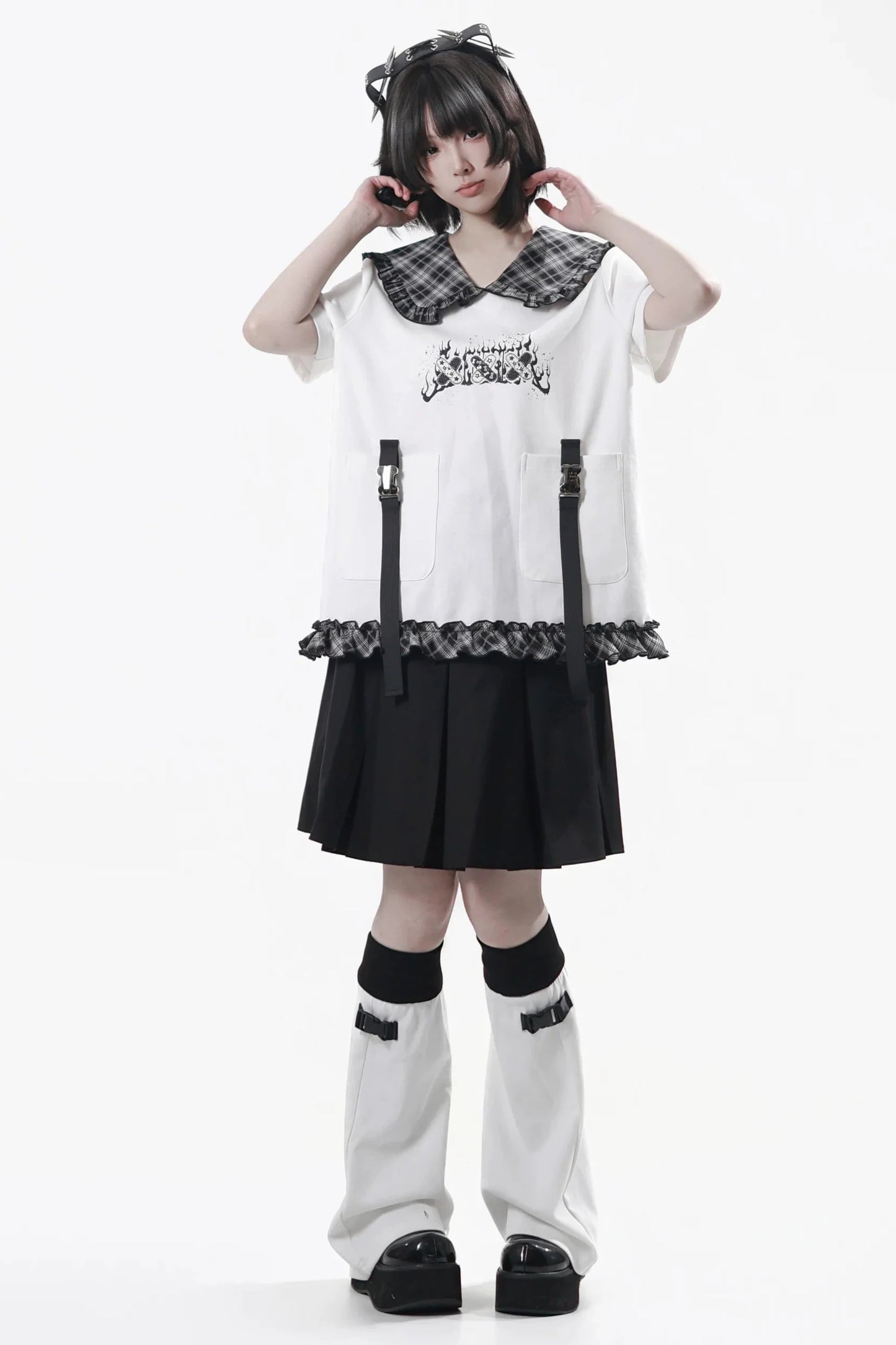 Lapel Checkered Collar Top + Skirt + Pants + Leg Warmers