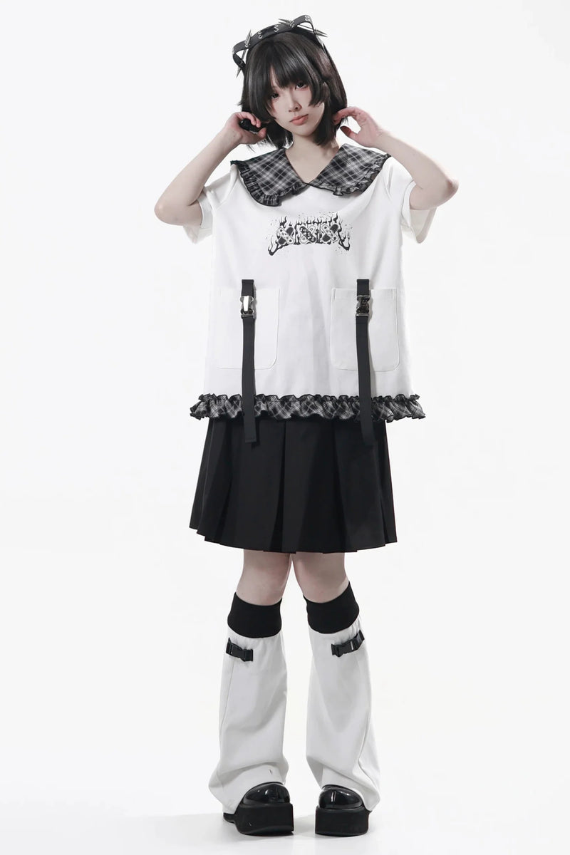 Lapel Checkered Collar Top + Skirt + Pants + Leg Warmers