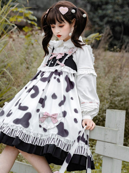 Fur Coat + Cow Suspender Skirt + Blouse