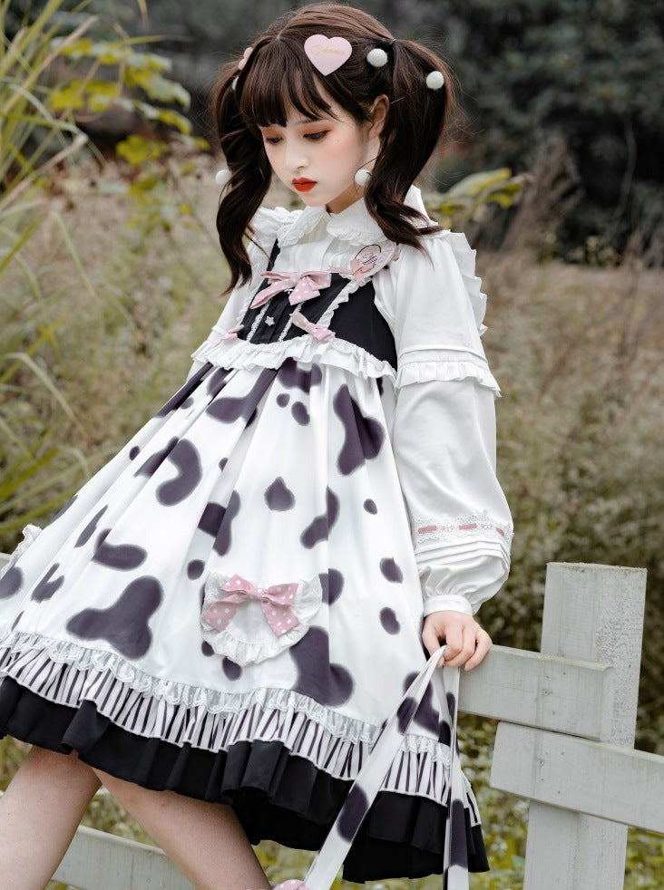 Fur Coat + Cow Suspender Skirt + Blouse