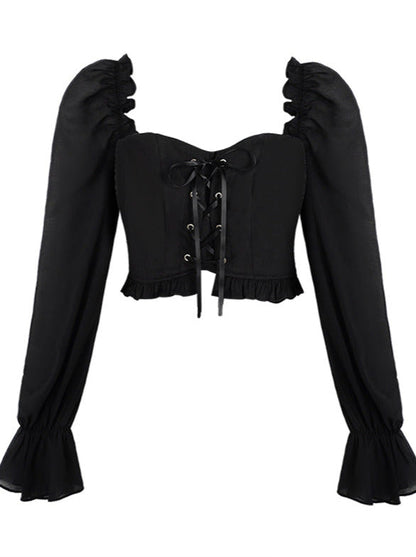 Lace-up Volume Sleeve Short Top + Tiered Skirt
