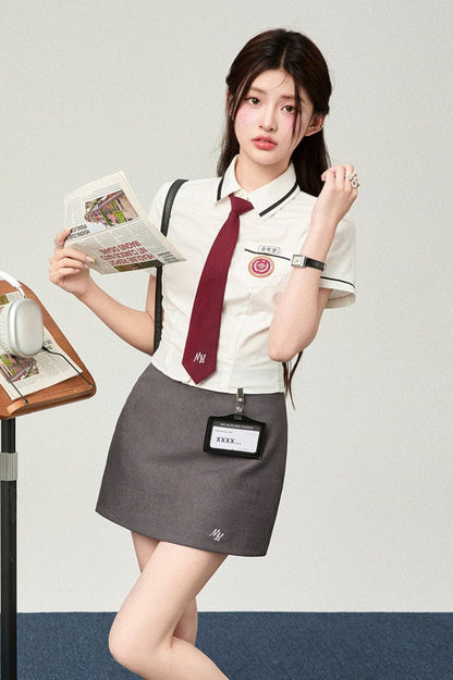 Short Sleeve Slim Waist Shirt + Hip Skirt