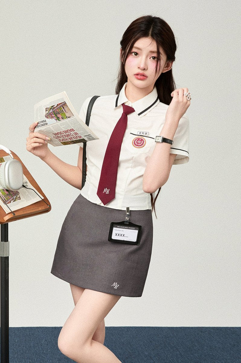 Short Sleeve Slim Waist Shirt + Hip Skirt