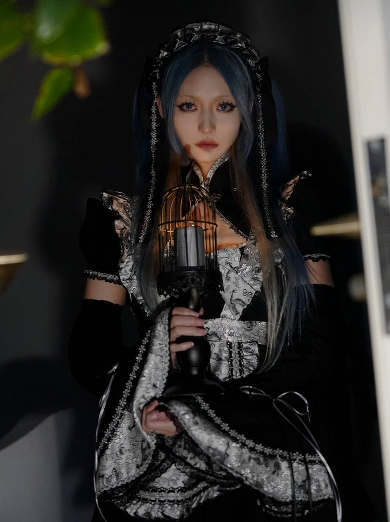 Silver Dragon Maid Gothic Dress + Apron + Arm Cover