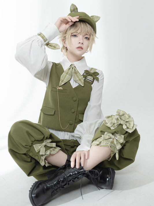 Secret Morning Post Green Tea Color Retro Sweet Cool Vest Shirt Cropped Pants