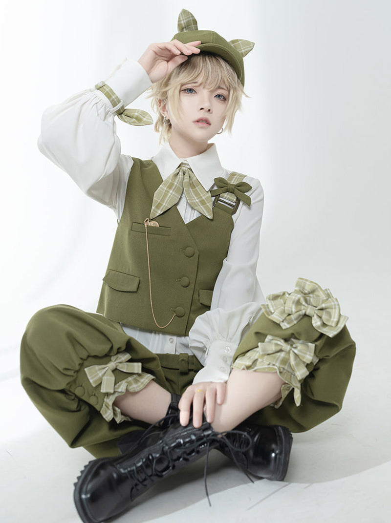 Secret Morning Post Green Tea Color Retro Sweet Cool Vest Shirt Cropped Pants
