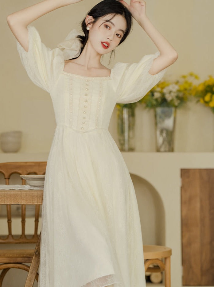 French Square Neck Lantern Sleeve Dress