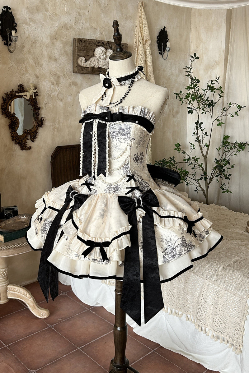 [pre-order] Brandy French Pearl Bustier Dress + Black Jacquard Jacket + Accessories