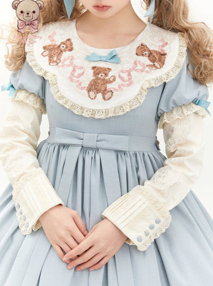 [pre-order] Lolita Teddy Bear Flap Lace Puff Sleeve Ribbon Dress