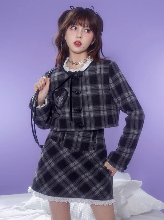 Dark Color Check Jacket + Lace Check Skirt