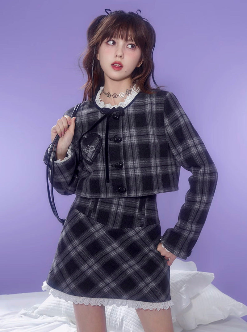 Dark Color Check Jacket + Lace Check Skirt