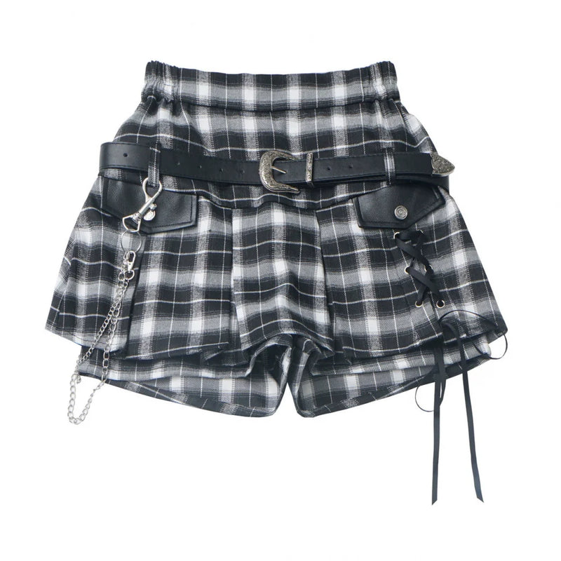 Y2k Hooded Crop Top + Sleeveless Shirt With Tie + Plaid Culottes