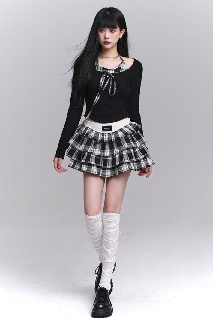 Plaid Top + Short Puff Skirt